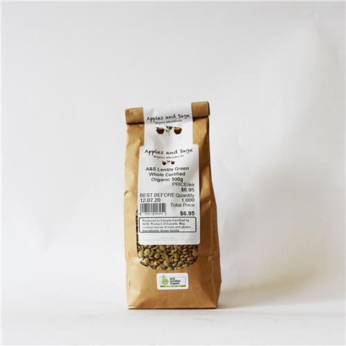 A&S Lentils Green Whole Certified Organic 500g