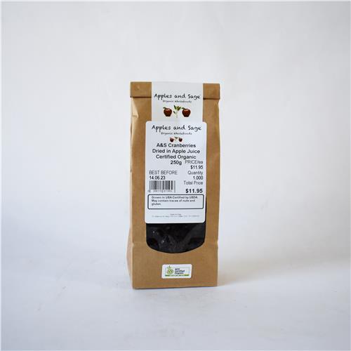 A&S Cranberries Dried in Apple Juice Certified Organic 250g